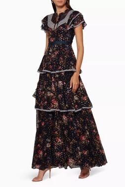 Needle & Thread Navy Winter Forest Floral Tier Ruffle Lace Prairie Maxi Dress 2